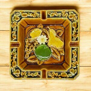 Vintage Nevco MCM Ceramic Ashtray With Fruit Motif & Floral Details Square Desig